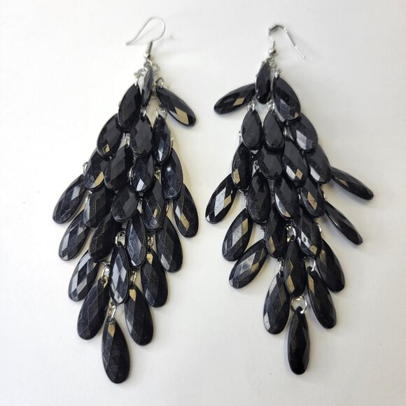 Black Glass Bead Long Earrings Chandelier Teardrop Diamond Shape Drop Earrings - Picture 3 of 7